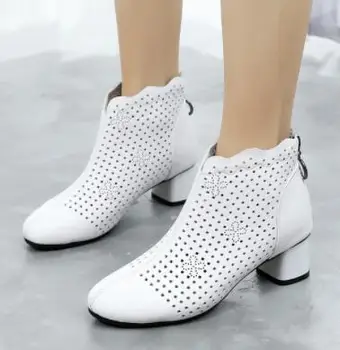 2024, Есенни модни ботильоны за жените, обувки от естествена кожа, дамски дишащи къси ботуши на средно висок ток с деколте Mujer Zapatos