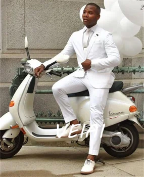 Бели ежедневни мъжки костюми, сватбени смокинги, облекло за младоженеца, мъжки костюми и лацканом, блейзър от 2 теми (яке + панталон Комплекти за младоженеца, дружок