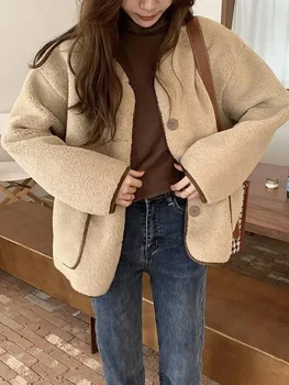 Палто от изкуствена кожа и овча вълна, дамски Корейската мода реколта къс яке, Дамски есен-зима ежедневни однобортные палто с дълъг ръкав
