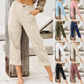 Дамски модни Свободни памук, ленени панталони, реколта ежедневни панталони с висока талия и еластичен колан, Елегантни и удобни обикновена панталони