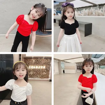 2021 Нова тениска с къси ръкави за момичета, модни блузи за деца, детска тениска в корейски стил с пищни ръкави, однотонная летни дрехи за малките момичета