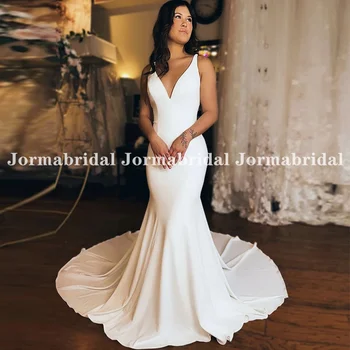 Сватбена рокля на Русалка от Еластичен Крепа 2024 година с Дълбоко V-образно деколте и с отворен гръб, Сшитое поръчкови Сватбена рокля Vestido de новия с Дълъг влак