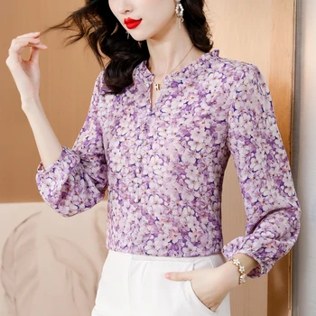 Есен 2023, Нова риза с дълъг ръкав и цветна принтом, Корейската мода Шифоновая блуза с V-образно деколте, Ежедневни Дамски Пуловери, Блузи