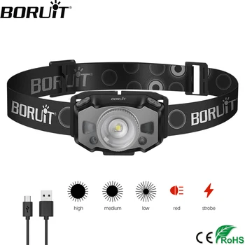 Мини-налобный фенер BORUiT B33 с 5-режимным увеличение, червена светлина, Led светлина с ИНФРАЧЕРВЕН сензор за движение, акумулаторна батерия налобный лампа за къмпинг и риболов
