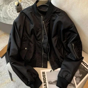 Реколта укороченная дамски яке-бомбер Оверсайз Корея градинска дрехи с цип Модерни късите якета, Черни палта всеки ден