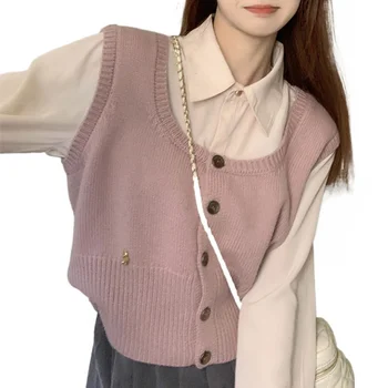 Вязаный жилетка в студентски стил, женски пролетно-есенния съкратен жилетка и розов пуловер без ръкави