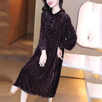 Жена бархатное рокля с цветен модел, есен-зима, дълъг ръкав, размер голям, луксозно модно Корейска рокля с шал яка подпора, Vestidos V317