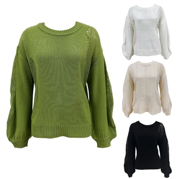 Жена вязаный пуловер с дълъг ръкав и кръгло деколте, всекидневни Свободен пуловер, джъмпери, върхове, обикновен възли върховете