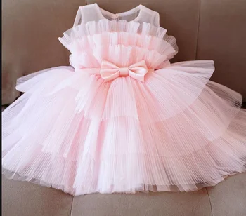 Румяно-розово плиссированное тюлевое сватбена рокля на цветчета за момичета, детски премяна, модерно детско рокля