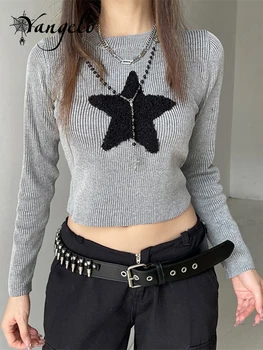Вязаный пуловер Yangelo в готически стил ретро стил с контрастиращи шевове под формата на звезди, около врата, женски случайни пуловер райе в стил пънк Y2K
