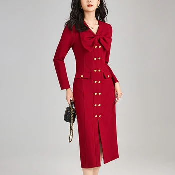 Елегантни вечерни рокли за жени, есен-зима, лък, V-образно деколте, дълъг ръкав, Червено-черно дебнещ женствена рокля, однотонное дълга рокля, приталенное,