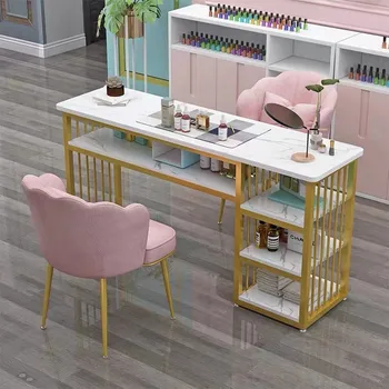 Популярната мебели за салони за красота с мрамор метална рамка, маникюр, маса за нокти със столове