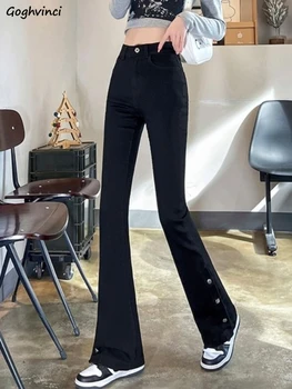 Черни дамски панталони с цепка отстрани, елегантни ежедневни разкроена панталони в корейски стил на копчета, приталенные универсални пролетта панталони с висока талия