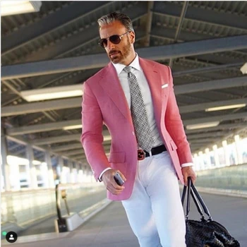 Мъжки костюм с бели панталони, Розов костюм, мъжко сако, Строг и Елегантен Всекидневни бизнес костюм, Оборудвана смокинг, палто, яке, костюм Homme