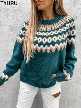 TYHRU/ Дамски Пуловер С кръгло деколте, дебели шарени Пуловери, дамски Възли блузи с дълъг ръкав контрастен цвят, синьо небе, бял Пуловер