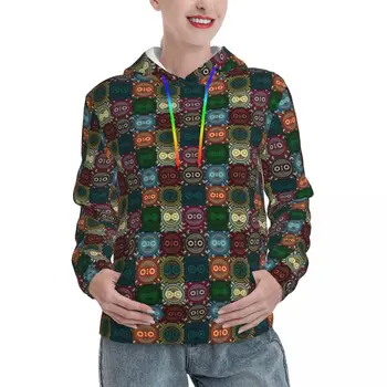 Ежедневни блузи с геометрична совой и забавен домашен любимец принтом y2k, забавни качулки, есента Корейски модерен пуловер оверсайз с дълъг ръкав и качулка