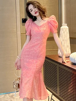 Модерно лятно вечерна дълга рокля за жените, елегантна вечерна рокля Миди с V-образно деколте и цветния блясък в ретро стил, халат Mujer Vestidos Fiesta