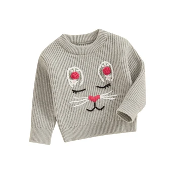 Пуловер за малки момичета с кръгло деколте и дълги ръкави, зимата на топло вязаный пуловер със заек, Пуловер за бебета