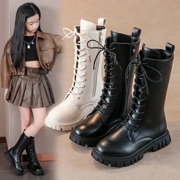 Бели, черни Детски ботуши до коляното За момичета; Кожа обувки с цип и дантела-за деца от 3 до 13 години; Модерни детски обувки за есен-зима