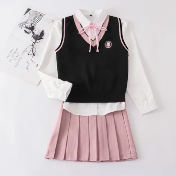 Случайни трикотажный жилетка от памук JK с V-образно деколте, комплекти, пуловери, с розов ръб, Розова пола, Японската училищни униформи, костюми от Аниме Cos За жени