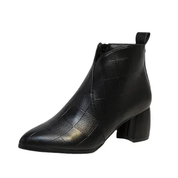 Есенно-зимни дамски обувки на квадратен ток 6 см, с остри пръсти, с цип отстрани, в британския стил, в Корейски стил, однотонная дамски обувки, новост черен цвят
