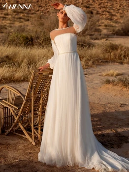 Класическа сватбена рокля с кръгло деколте и дълъг ръкав, рокля с блестящи перли за булката, Елегантна дълга сватбена рокля трапецовидна форма Robe De Mariée