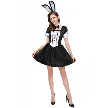 Женски секси сладък костюм за cosplay с кроличьими уши, черна рокля