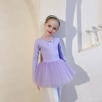Детски танцов костюм, есенна газова пола с дълги ръкави, тренировъчен костюм за момичета, балетна пола лилав цвят
