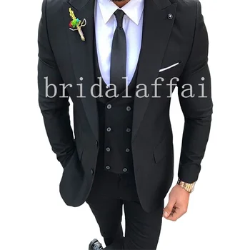 Мъжки костюм Bridalaffair, однобортный, оборудвана, официален комплект за сватбени партита, комплект от три елемента, черен смокинг Terno Masculino