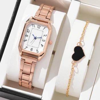 Дамски часовник от 2 теми, луксозни и Елегантни часовници от сплав, ръчни часовници за дами, подарък кварцов часовник, гривна от розово злато, Черна сърцевина, БЕЗ КУТИЯ