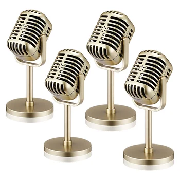 4шт Ретро реквизит за микрофон, модел винтажного микрофон, античен играчка микрофон, декори за сцени, златни