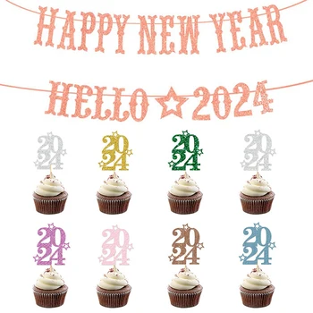 10 бр Mini 2024 Happy New Year Cupcake Topper Украса торта, Аксесоари за партита