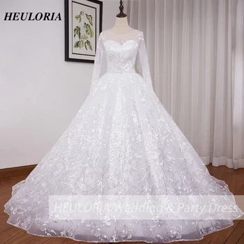Сватбена рокля на принцеса HEULORIA с дълъг ръкав, расшитый мъниста колан, дантела, плюс размера на булката рокля дантела