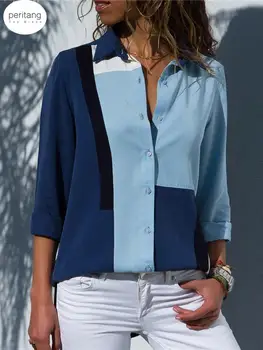 PERITANG 2024, Нови дамски блузи с модерен принтом, шифоновая блуза с дълъг ръкав и отложным яка, Ежедневни блузи, Елегантни работна риза