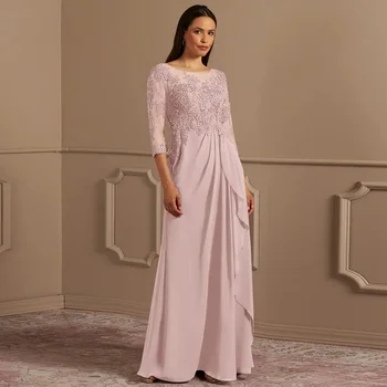 Елегантни розови рокли за майката на булката на сватбата 2023 г. Шифоновое сватбена рокля с кръгло деколте и къс ръкав дължина до пода с цип