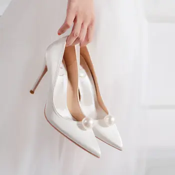 През Лятото На 2022 Нови Елегантни Дами Партия Сватбени Обувки Перлени Сатенени Обувки Модерен Универсални Сватбени Високи Токчета Плътен Цвят