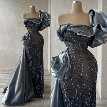 Луксозни вечерни рокли на Русалка, без ръкави Бато Пайетки Апликация На едното рамо 3D Дантела Кухи перли, Диаманти рокля за бала