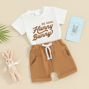 Великден дрешки за малки момчета, Тениска със заек с къс ръкав, Блузи, панталони, Къси Панталони, Комплект от 2 теми, летни дрехи за новородени