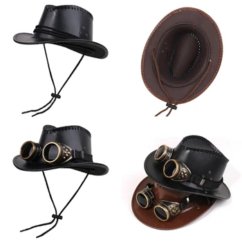 Ковбойская шапка от изкуствена кожа в стил пънк за възрастни с широка периферия, ежедневни Солнцезащитная шапка с декорация във формата на очила и каишка за брадичката