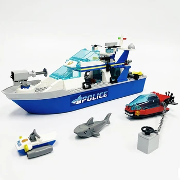 Серия Creative City Морски високоскоростен нож Полицейски патрул лодка 60277 Строителни блокове Модел на подводница Акула Тухли, Играчки със собствените си ръце за детски подаръци