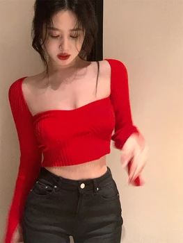 Червен пуловер с ниско деколте и тромаво яка, секси Тънък топ с дълъг ръкав, Корейски женски горещи потници, Тесни плетене