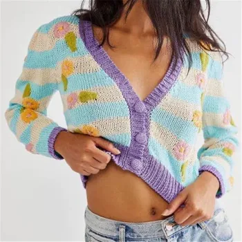 Пуловер с цветна бродерия GypsyLady, Жилетка в райе, Есенен Шик в Синьо женски пуловер, Секси жилетка Y2k, дамски жилетки, трикотажни изделия