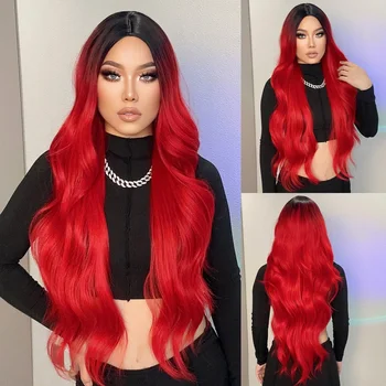 Кубче за коса на Дълги вълнообразни червени перуки Омбре за жени със средно пробором Термоустойчиви синтетични перуки Copslay Хелоуин Коса от естествени влакна