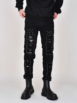 2023 Нови Висококачествени Скъсани разтеглив тесни дънки, мъжки ежедневни дънкови панталони от дебела гумена лента