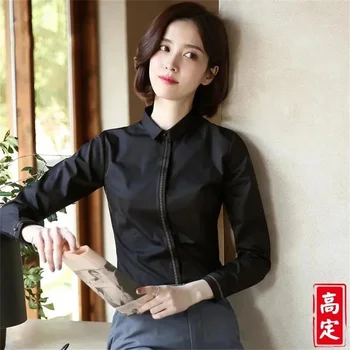 Пролет Есен Дамски блуза за работа в офис с дълъг ръкав Корея модерна туника-часова Тънък Темперамент Професионална Черна риза Топ