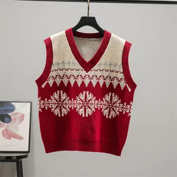 Корейски модерен пуловер-жилетка, Коледен топ, дамски плетива, жаккардовый топ големи размери, студентски жилетка, пуловер, дамски дрехи реколта