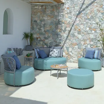Скандинавски уличен диван, сплетен от ратан, комбинация от мека мебел, лятна градина, слънчева стая във вътрешния двор, за почивка, непромокаемая мебели за мека мебел от ратан