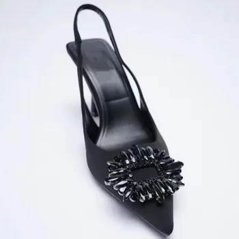 Есен 2023 дамски обувки на посочения високи токчета, лъскави кристали в стил Moule с подходящи сандали Baotou на висок ток