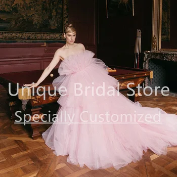 Сватбена рокля от розов тюл без презрамки с драпировкой без ръкави Dream Vestidos De Gala Придворен струята на Романтична сватбена рокля 2023 размер