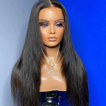 26 инча 180-плътен Мек натурален перука черен на цвят, с дълги прави копринена дантела отпред за жени BabyHair Бесклеевой, предварително выщипываемый всеки ден
